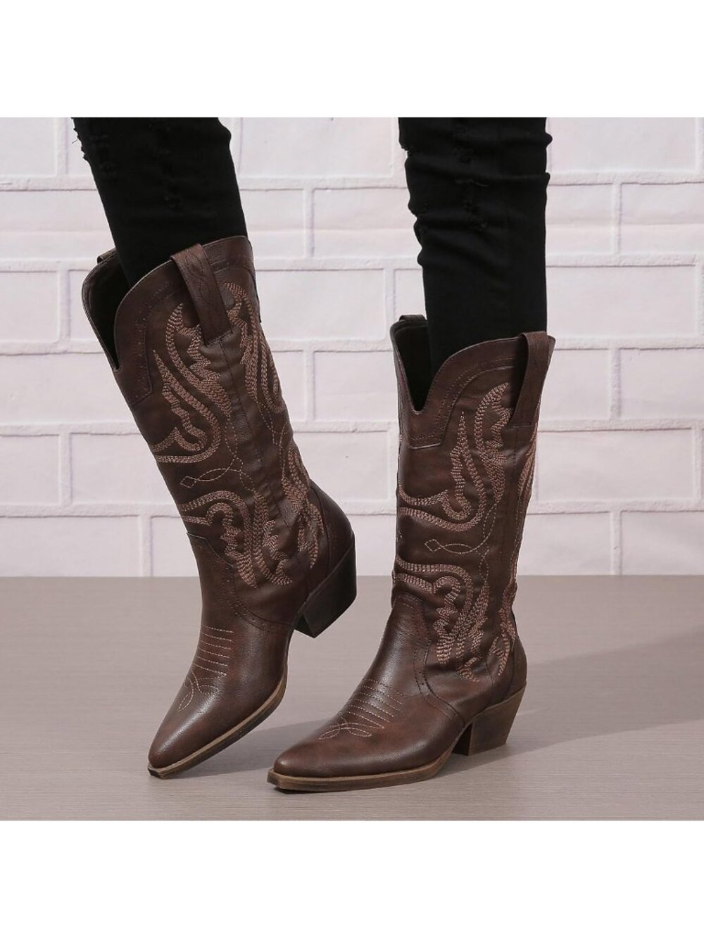 Women's Dark Brown Mid Calf Embroidered Western Snip Toe Chunky Heel Cowboy Boot - Picture 4 of 6